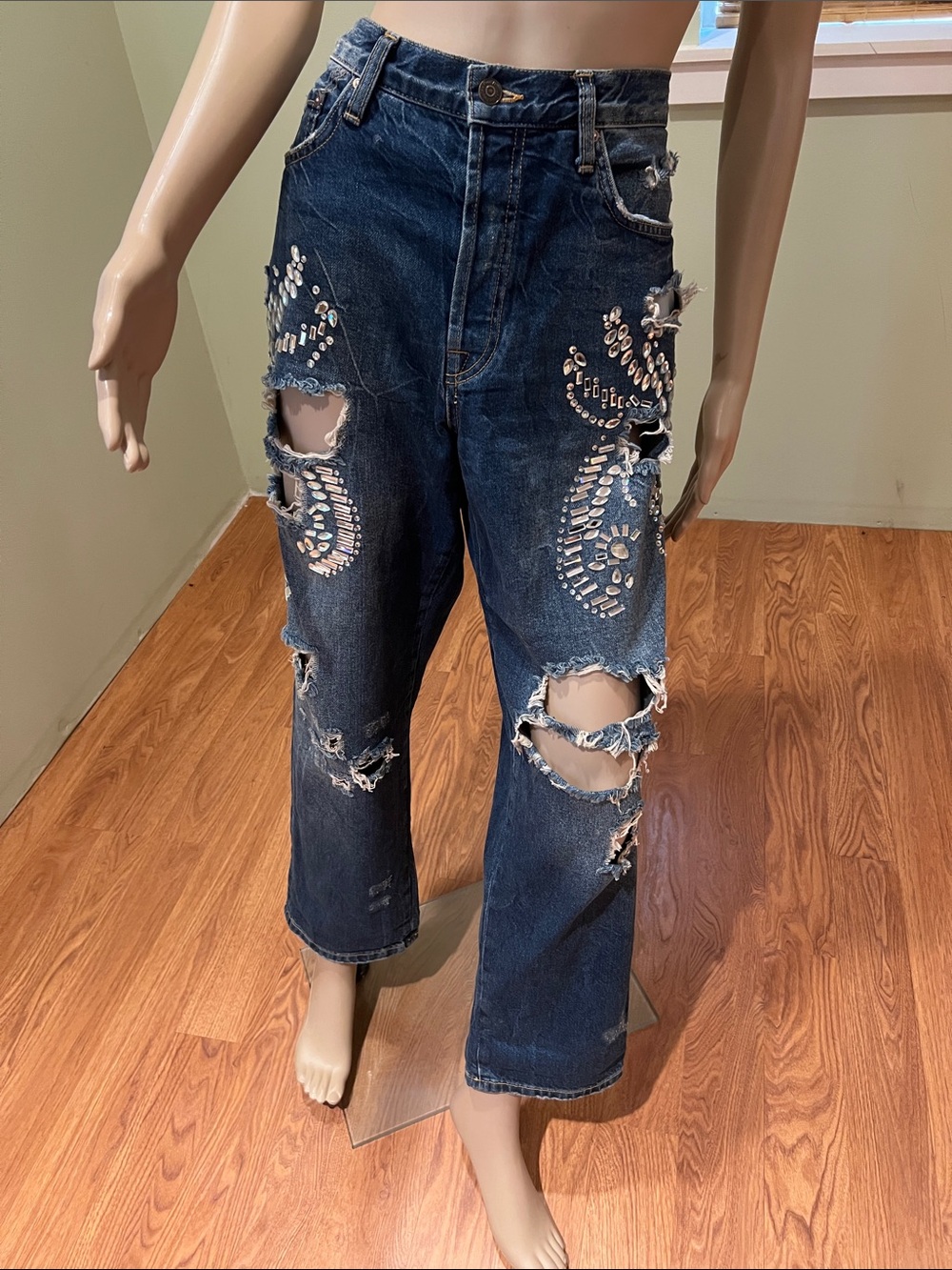 Free People Dark Blue DistressedCrop Jeans with Crystal Embellishments Size 30